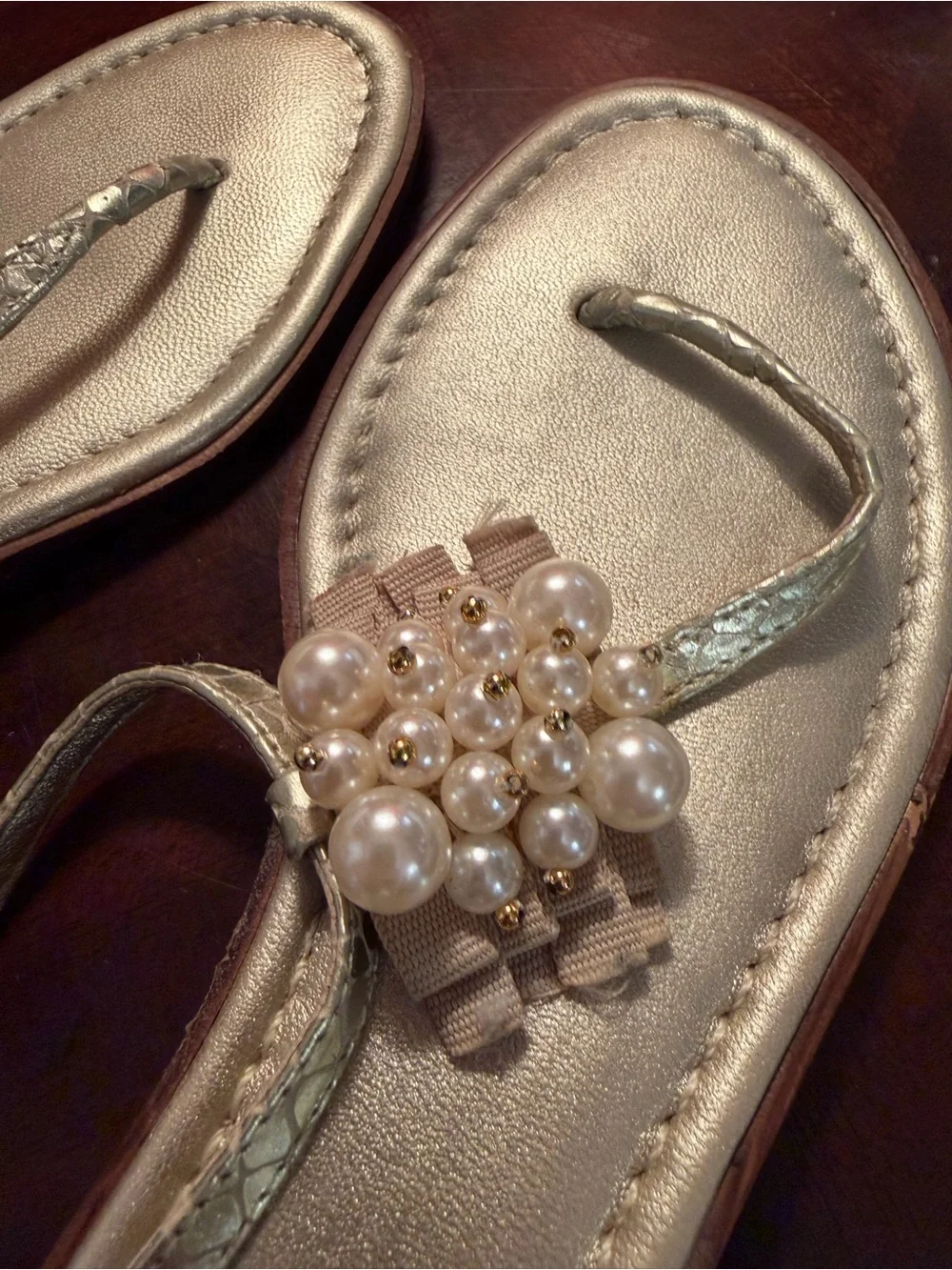 Kate Spade NY Pearl-Cluster Metallic Gold T-Strap Sandals 8.5